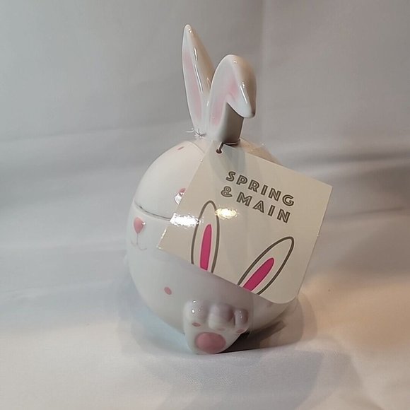 White Rabbit w/ Pink Spots Small Ceramic Jar Cookie Snack Storage - Picture 4 of 5